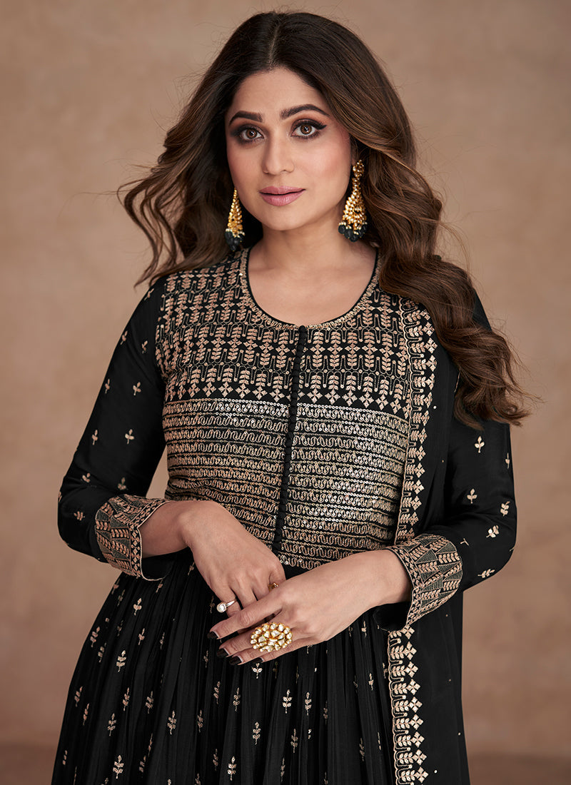 Black Sequence Embroidery Anarkali Palazzo Suit