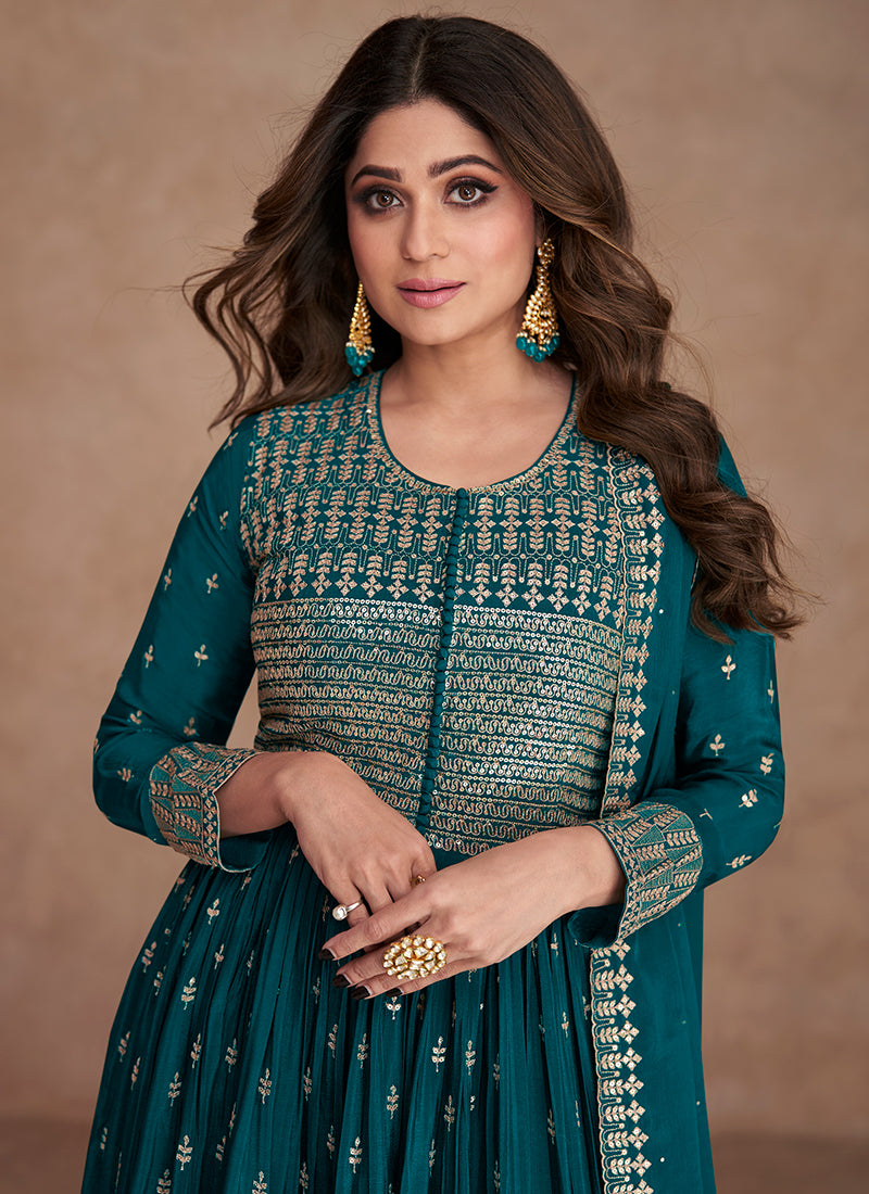 Turquoise Sequence Embroidery Anarkali Palazzo Suit