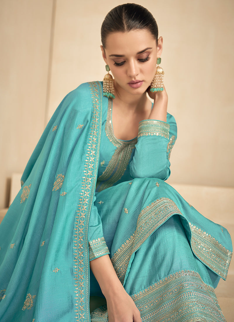 Turquoise Sequence Embroidery Pakistani Salwar Kameez