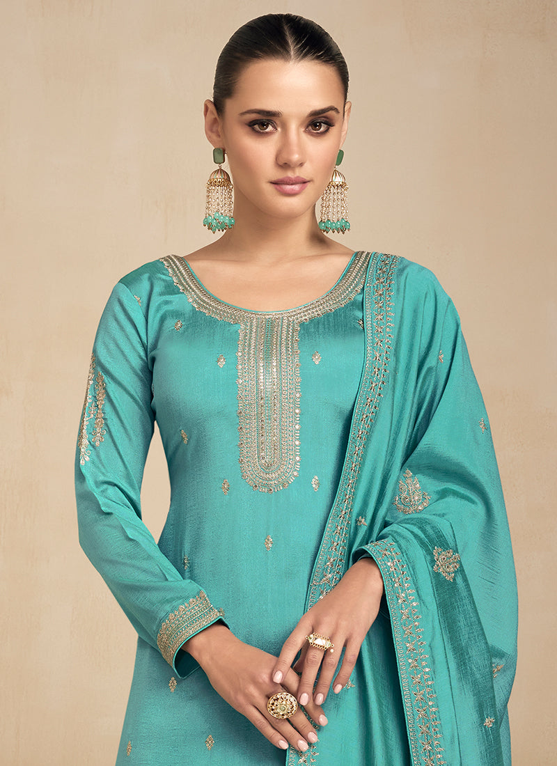 Turquoise Sequence Embroidery Pakistani Salwar Kameez