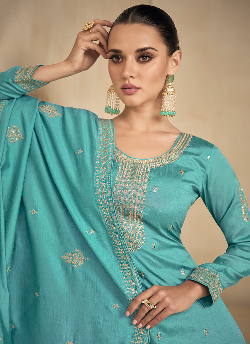 Turquoise Sequence Embroidery Pakistani Salwar Kameez