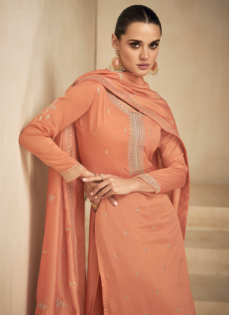 Pastel Orange Sequence Embroidery Pakistani Salwar Kameez