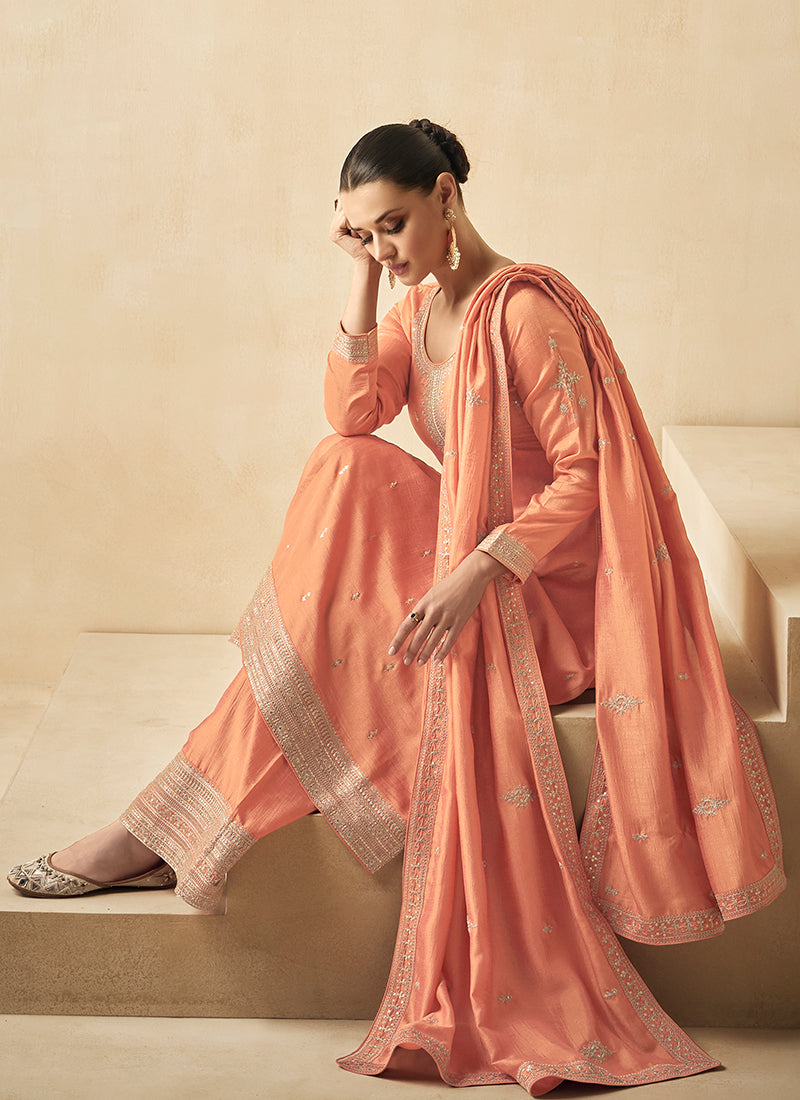 Pastel Orange Sequence Embroidery Pakistani Salwar Kameez