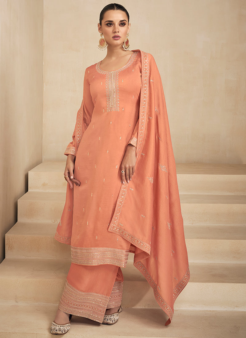 Pastel Orange Sequence Embroidery Pakistani Salwar Kameez