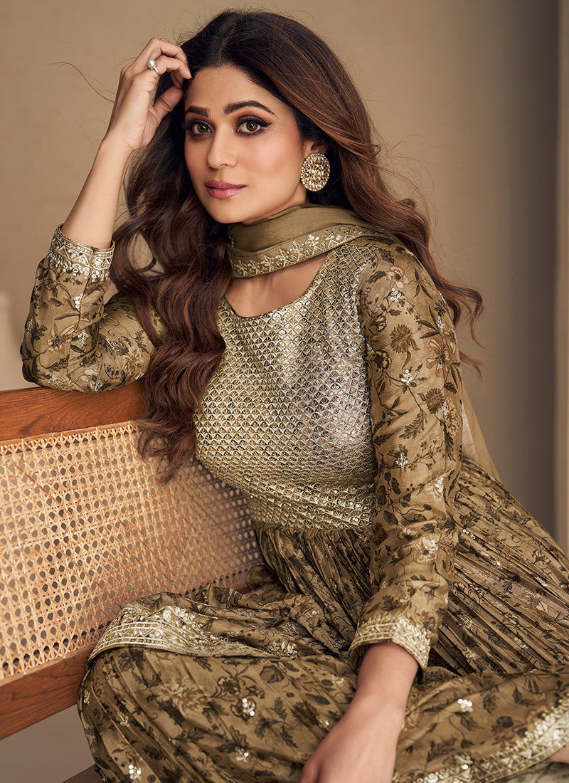 Beige Golden Sequence Embroidery Gharara Style Suit