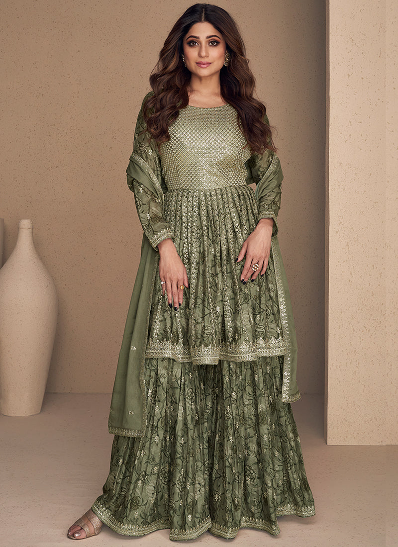 Pista Green Sequence Embroidery Gharara Style Suit