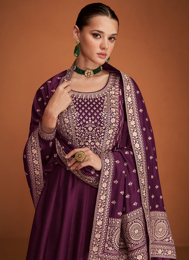 Purple Embroidery Traditional Anarkali Gown