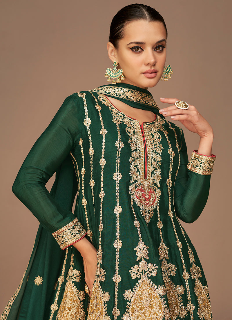 Green Multi Sequence Embroidery Anarkali Dhoti Pant Suit