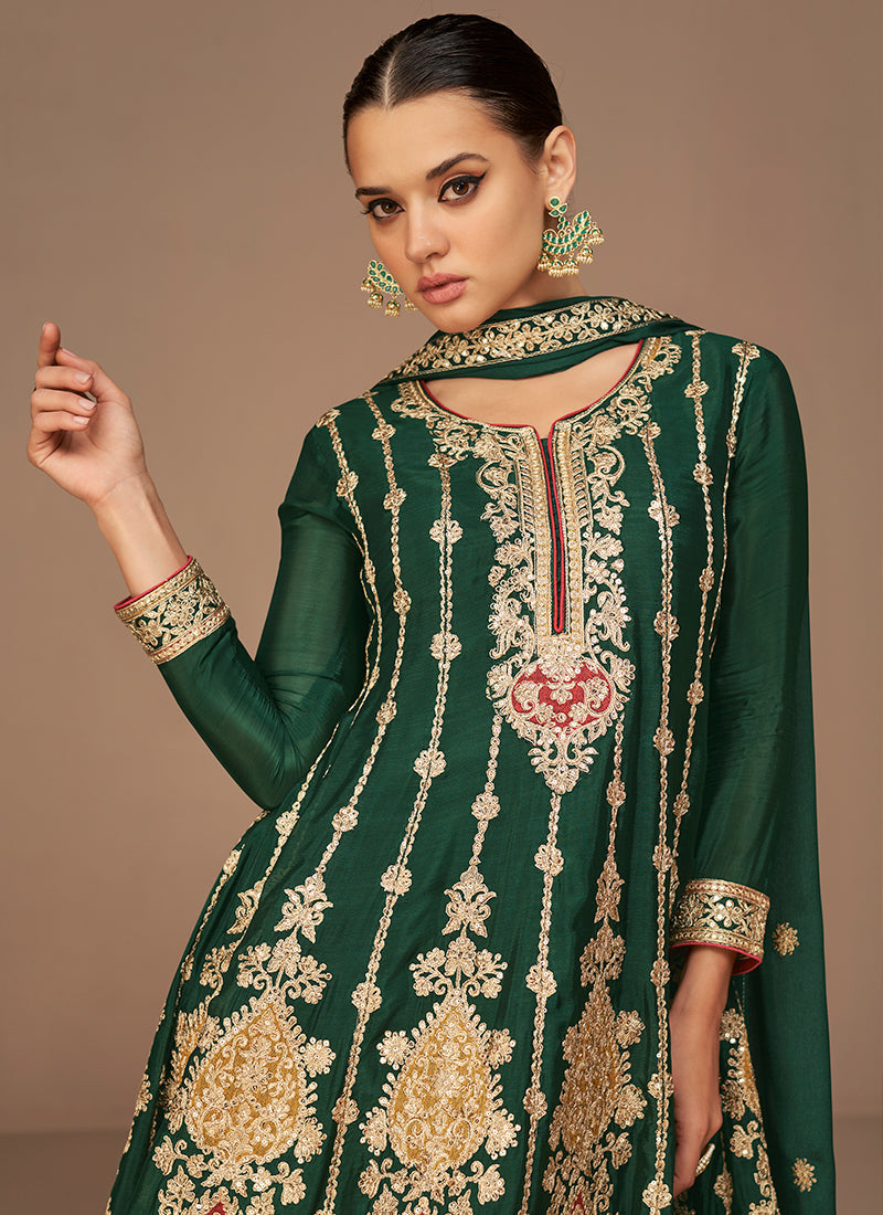 Green Multi Sequence Embroidery Anarkali Dhoti Pant Suit