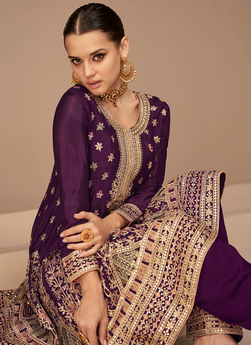 Purple Sequence Embroidery Anarkali Dhoti Pant Suit