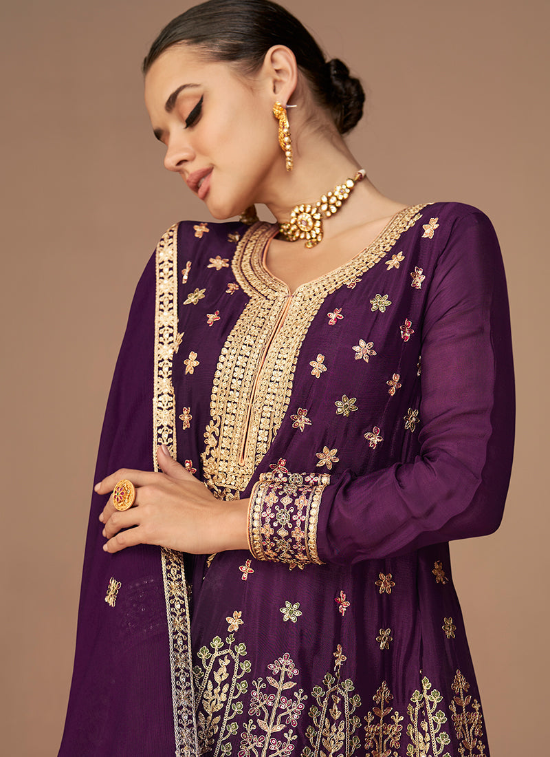 Purple Sequence Embroidery Anarkali Dhoti Pant Suit