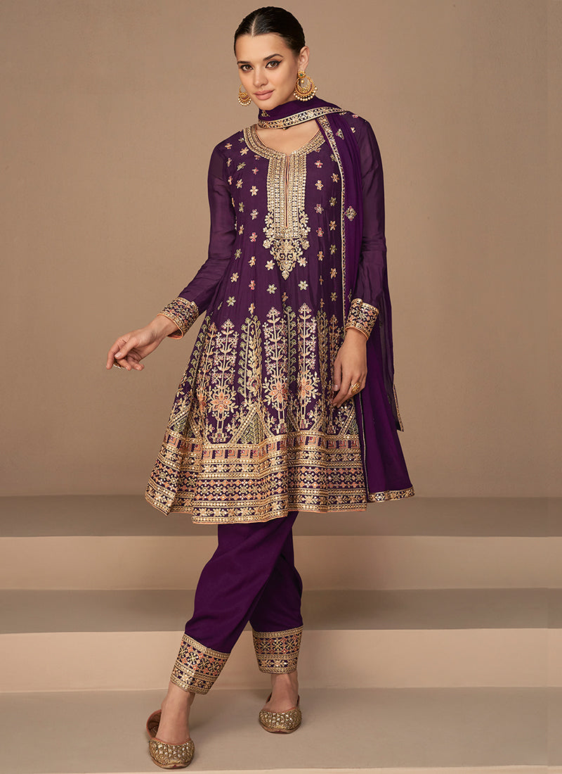 Purple Sequence Embroidery Anarkali Dhoti Pant Suit