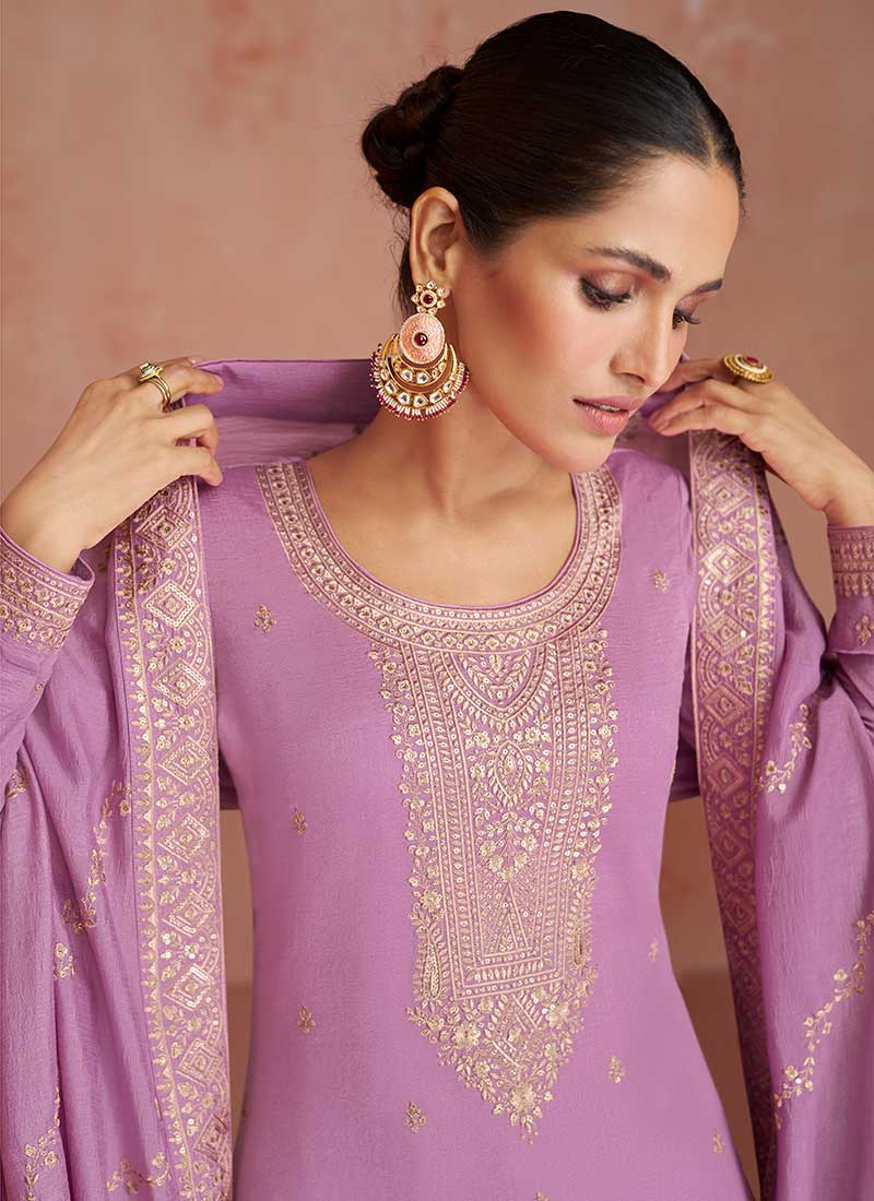 Lavender Sequence Embroidery Wedding Palazzo Suit