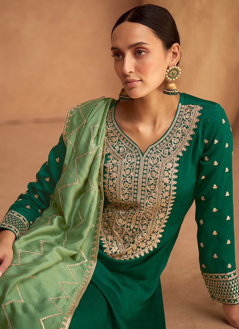 Dark Green Embroidery Silk Salwar Kameez