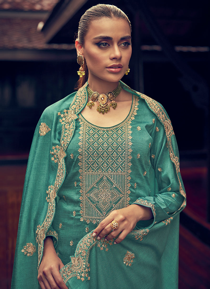 Sea Green Embroidery Designer Silk Pant Style Suit