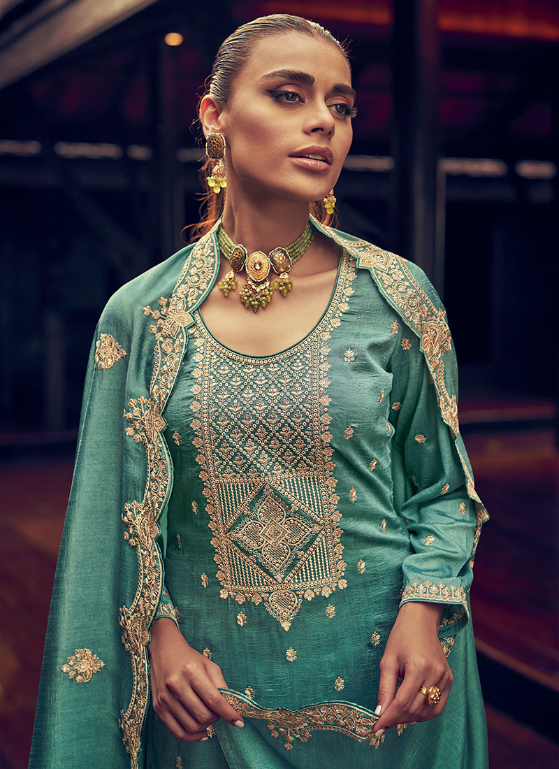 Sea Green Embroidery Designer Silk Pant Style Suit