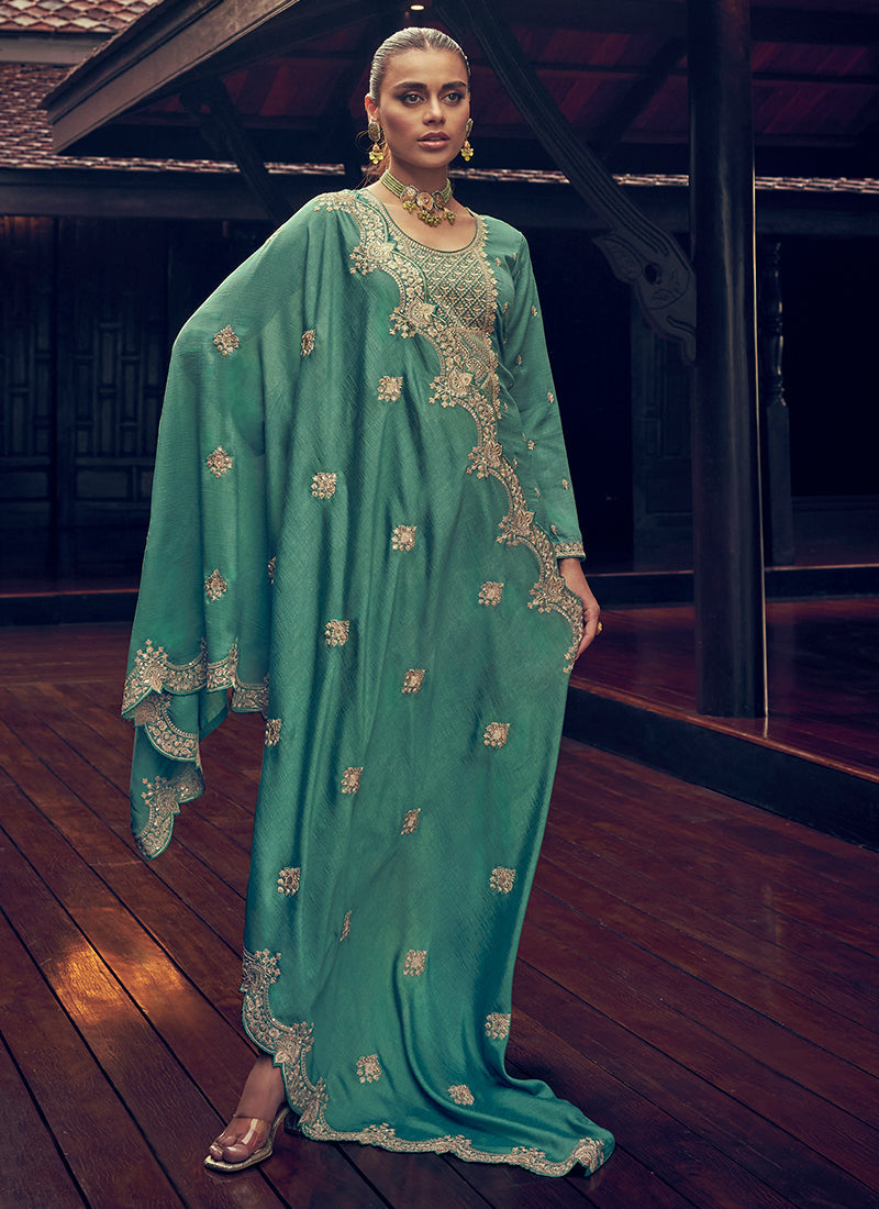 Sea Green Embroidery Designer Silk Pant Style Suit