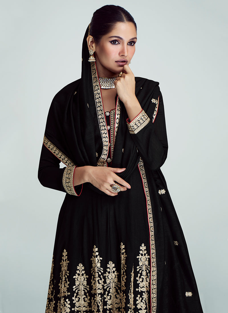 Black Golden Sequence Embroidery Anarkali Pant Suit