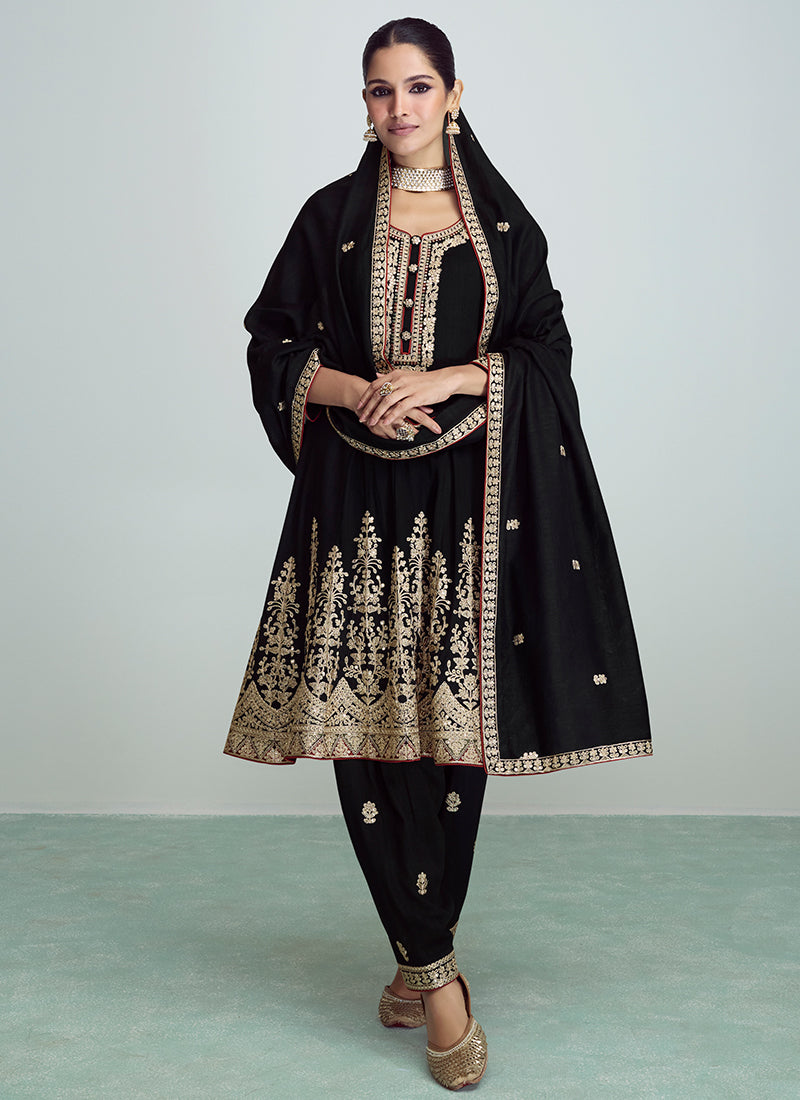 Black Golden Sequence Embroidery Anarkali Pant Suit