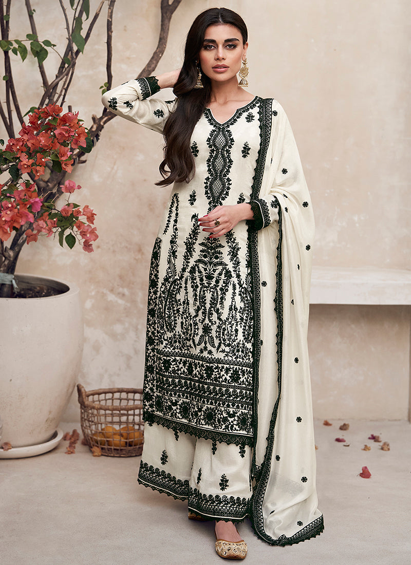 Off White Embroidery Traditional Palazzo Suit