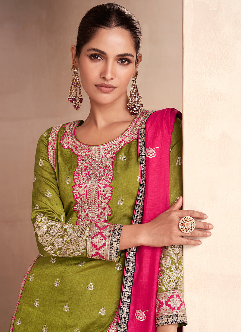 Green And Pink Embroidered Festive Palazzo Suit