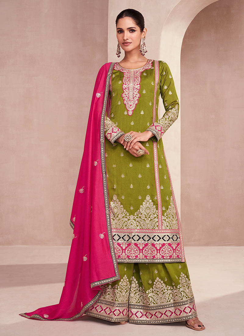 Green And Pink Embroidered Festive Palazzo Suit