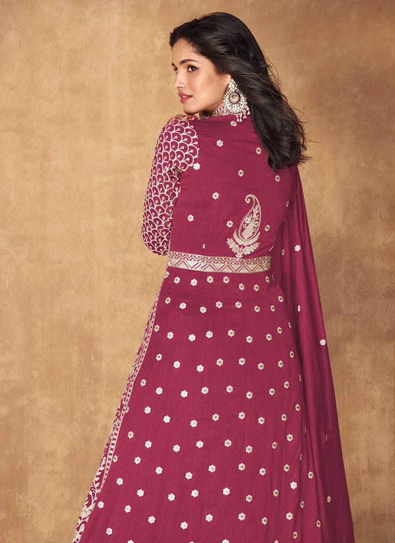 Rose Red Thread Embroidery Slit Style Anarkali Lehenga Suit