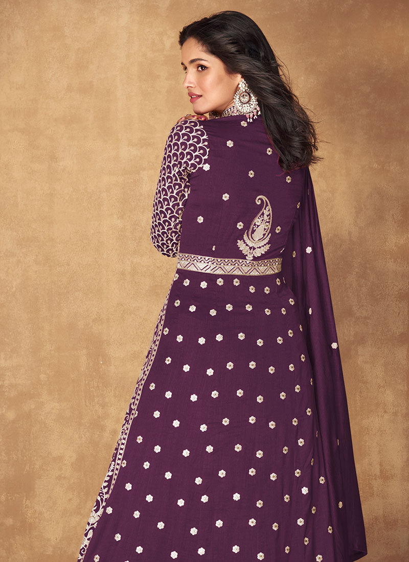 Plum Purple Thread Embroidery Slit Style Anarkali Lehenga Suit