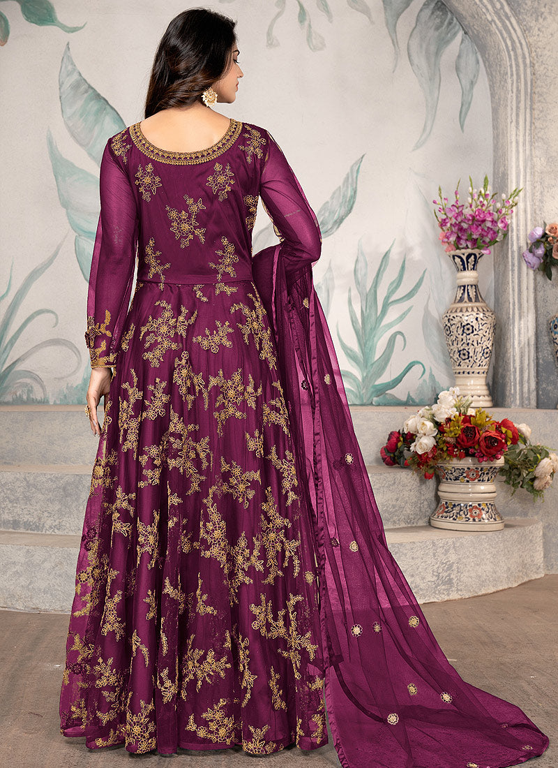 Wine Purple Cording Zari Embroidery Anarkali Suit