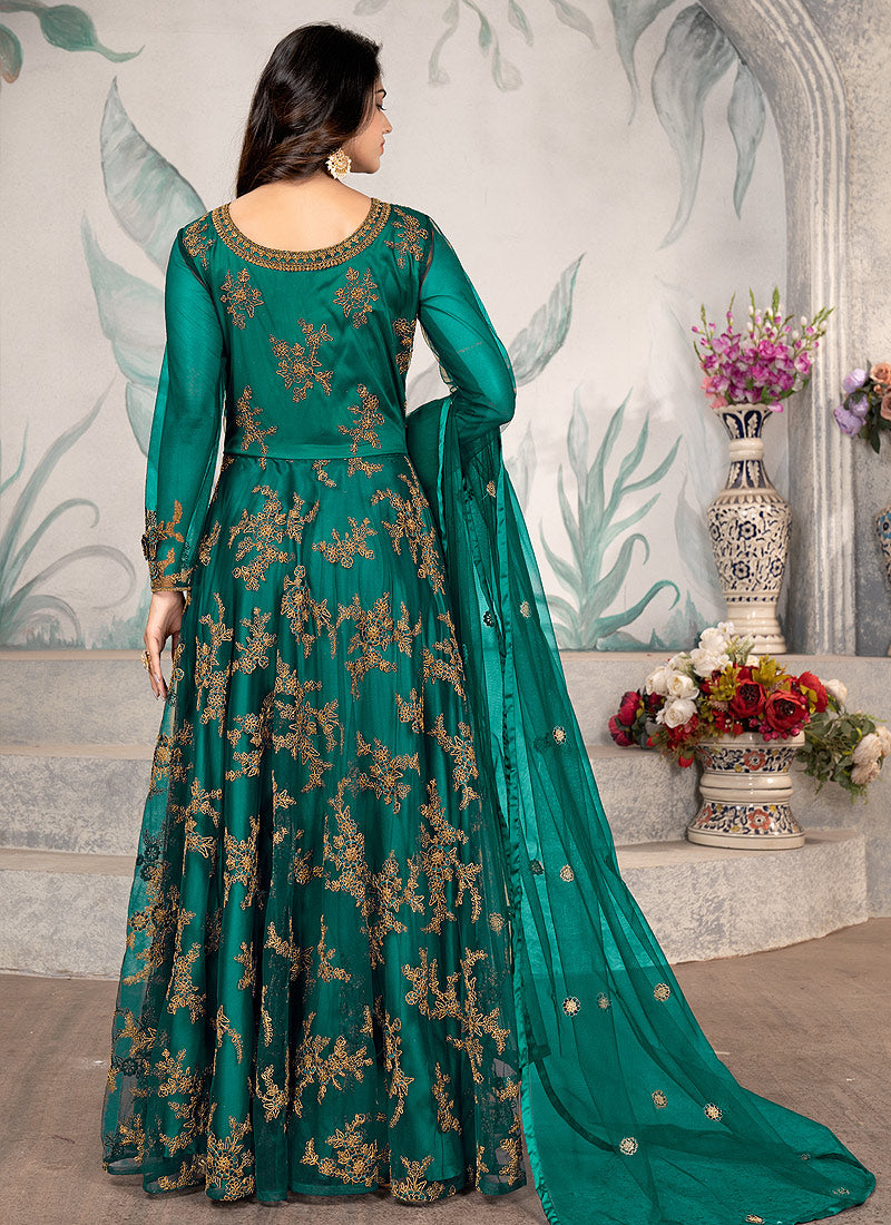 Green Cording Zari Embroidery Anarkali Suit