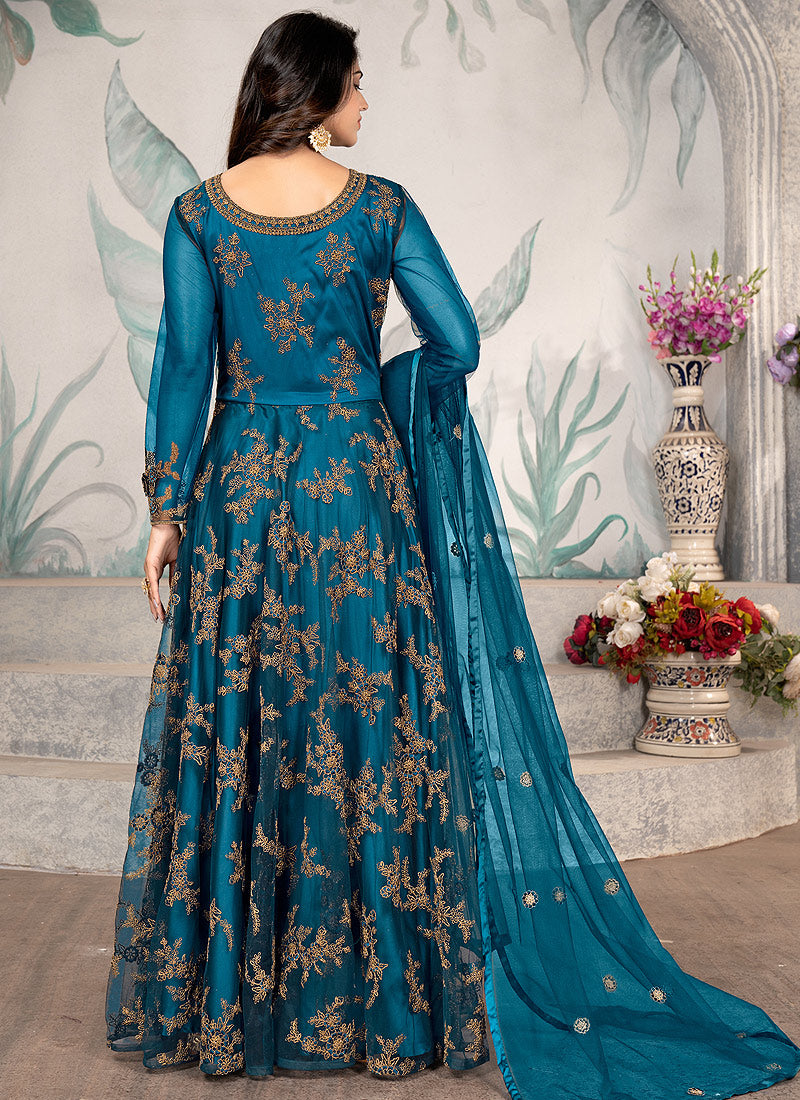 Royal Blue Cording Zari Embroidery Anarkali Suit