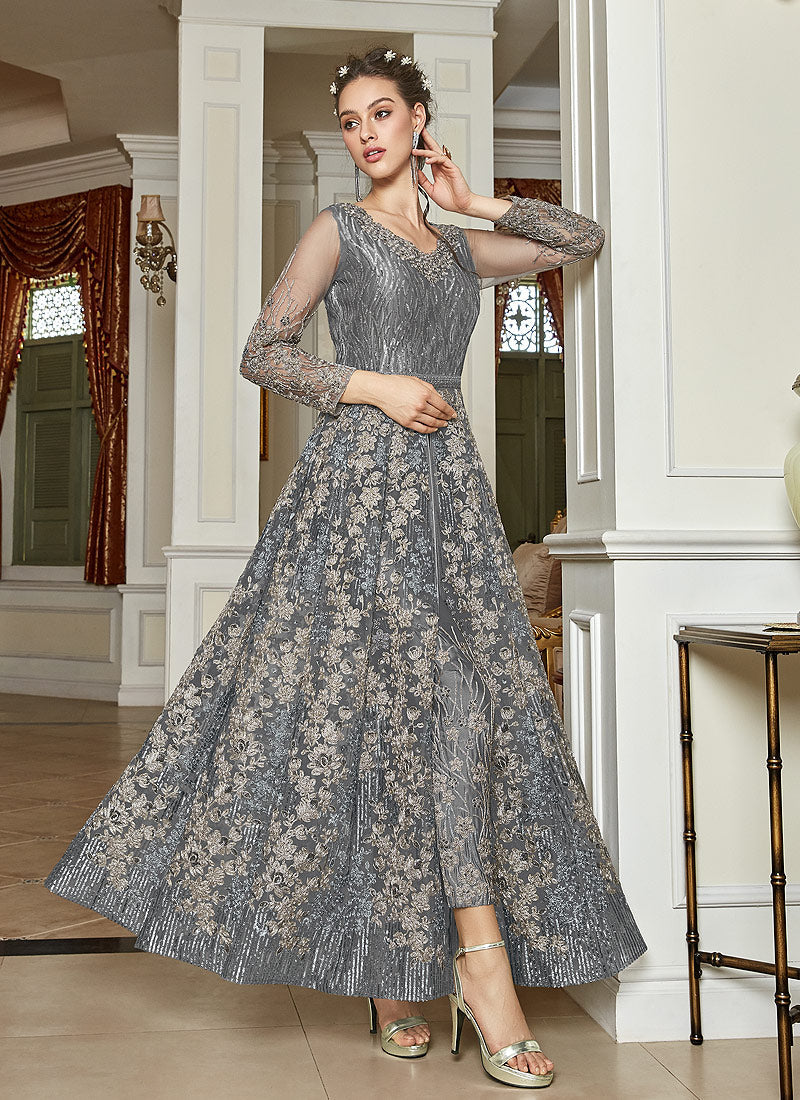 Grey Zari Embroidered Anarkali Lehenga Suit