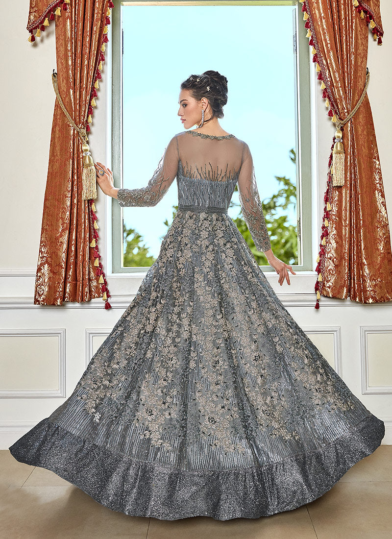 Grey Zari Embroidered Anarkali Lehenga Suit